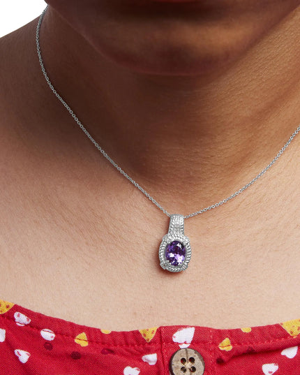 .925 Sterling Silver 9x7mm Oval Purple Amethyst and Round Diamond Accent Fashion Drop Pendant 18 Inch Necklace (I-J Color, I1-I2 Clarity)