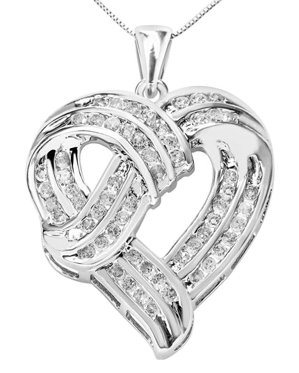 .925 Sterling Silver 1 1/4 Cttw Round Diamond Openwork Ribbon Weave Heart Pendant 18" Necklace (I-J Color, I3 Clarity)