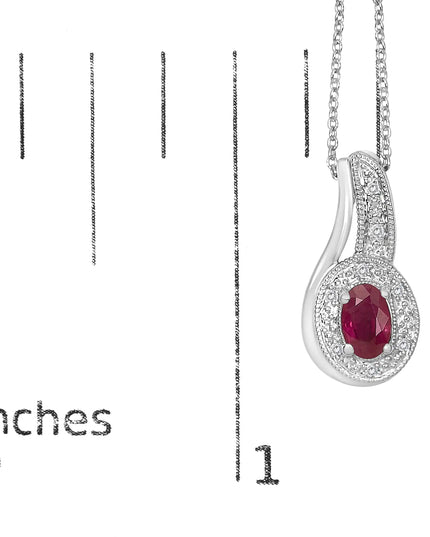 .925 Sterling Silver Red Ruby and Diamond Accent Milgrain Swirl Pendant Necklace - 18" Inches