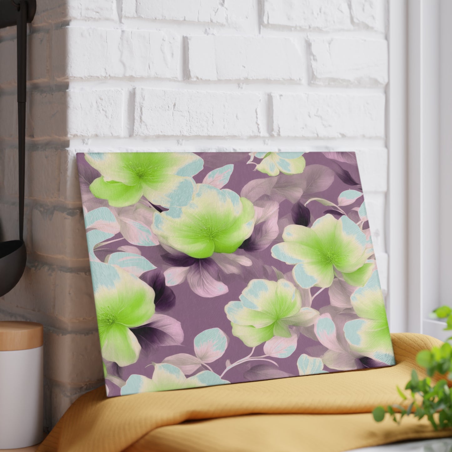 Lime Lavender Floral Bunch Glass Cutting Board, 8" x 11"