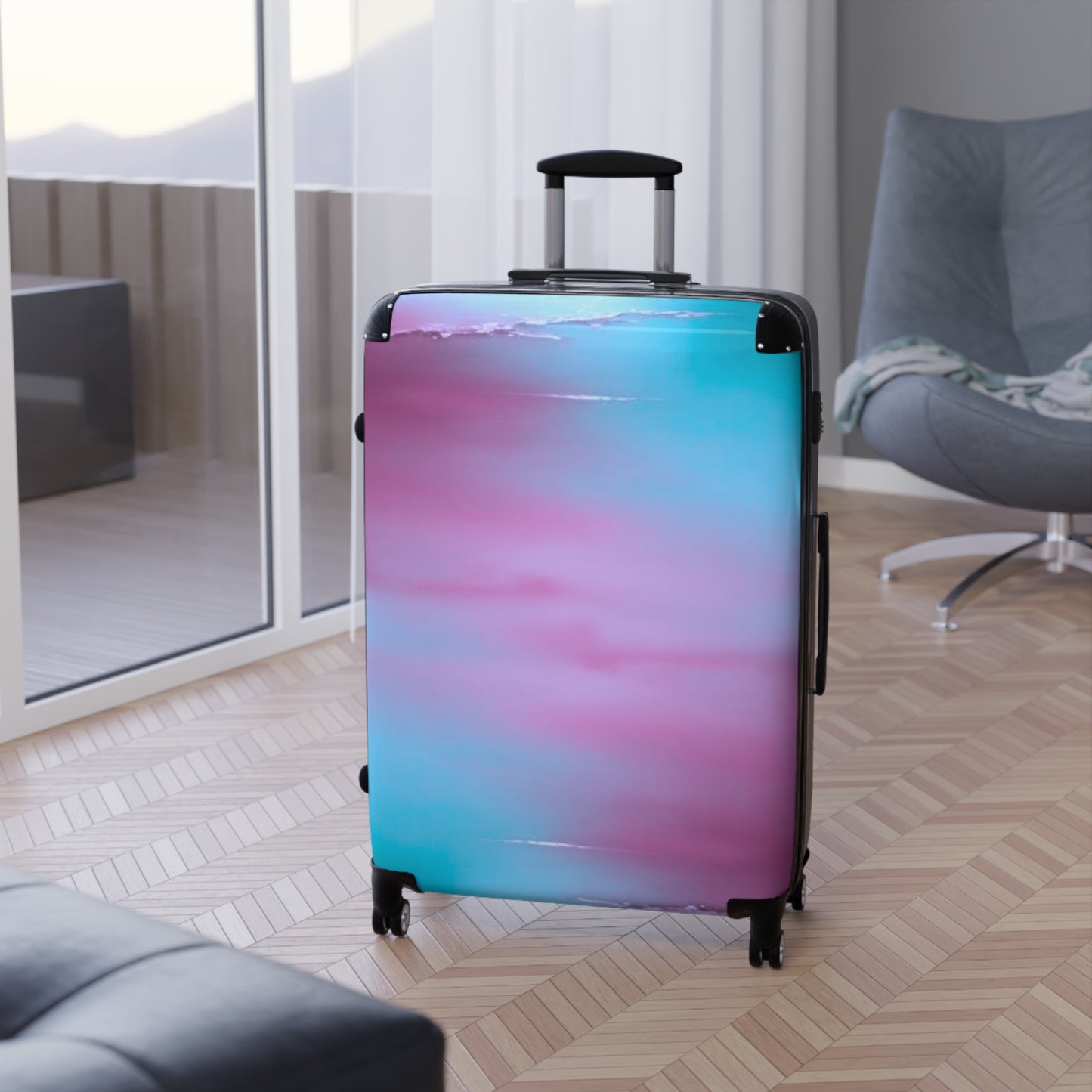 Wine Sea Blue Fog Large Suitcase with built in lock, 4 double-wheels, telescopic handle, and ABS back hard-shell