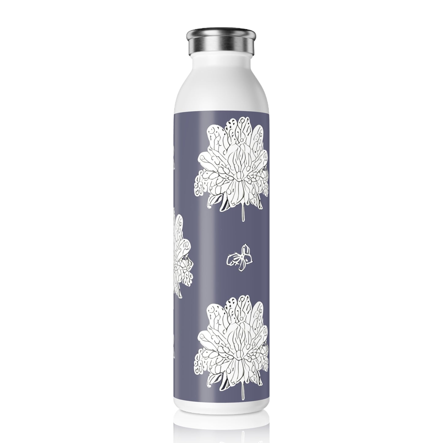 White Floral Butterflies Slim Water Bottle, 20 oz White