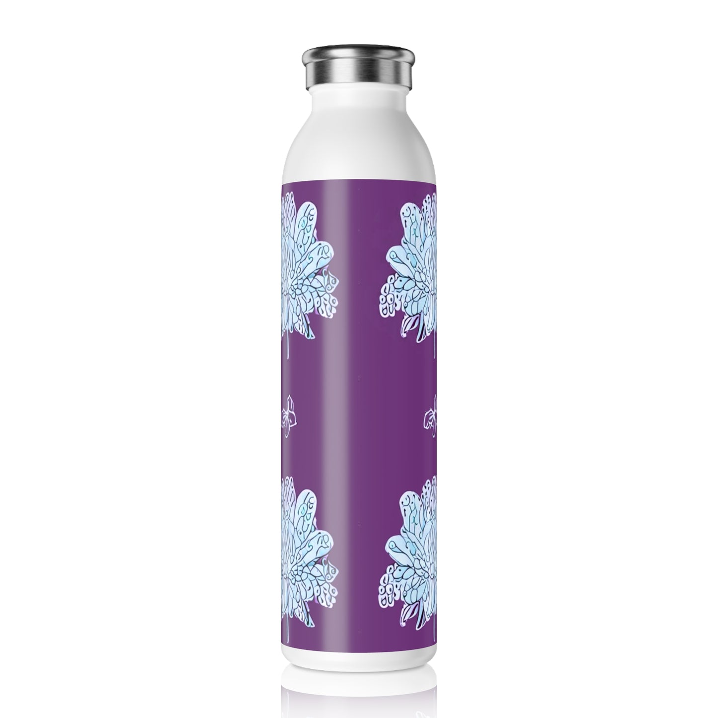 Blue Floral Butterflies Slim Water Bottle, 20 oz White