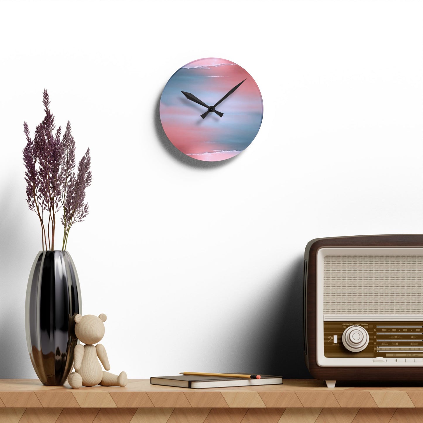 Gray Sea Pink Fog Acrylic Round Wall Clock, 8" x 8"