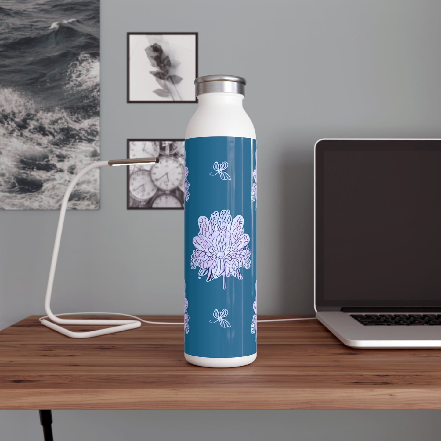 Lavender Floral Butterflies Slim Water Bottle, 20 oz White