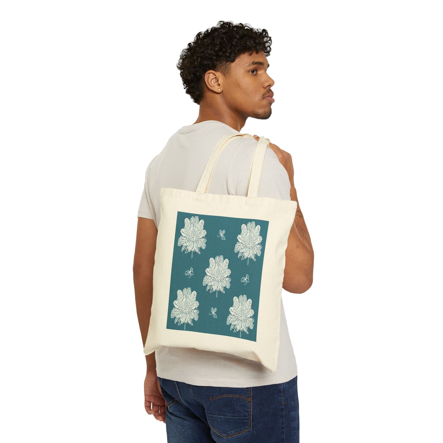 Tif Green White Floral Butterflies Cotton Canvas Tote Bag