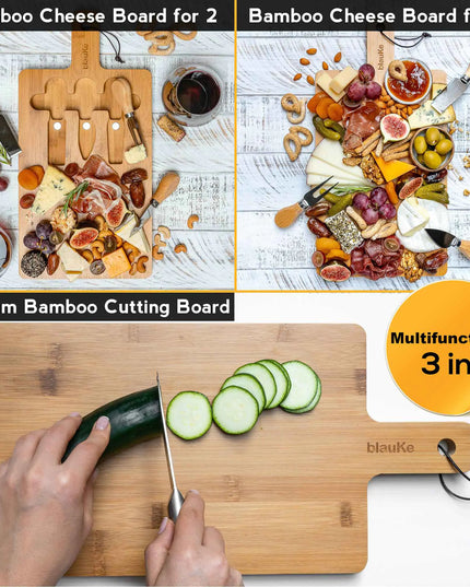 Bamboo Cheese Board Set - 12x8 Inch Charcuterie Tray With Magnetic Cutlery Storage