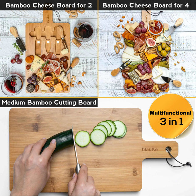 Bamboo Cheese Board Set - 12x8 Inch Charcuterie Tray With Magnetic Cutlery Storage