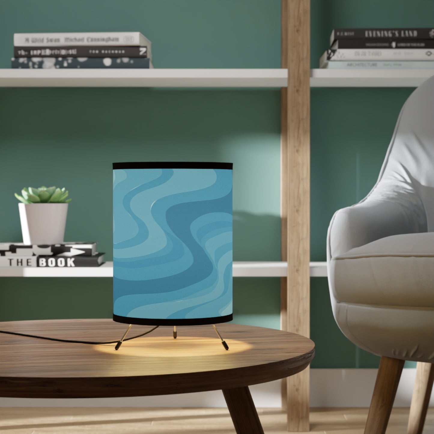 Sky Blue Wavey Tripod Lamp with High-Res Printed Shade, US\CA plug