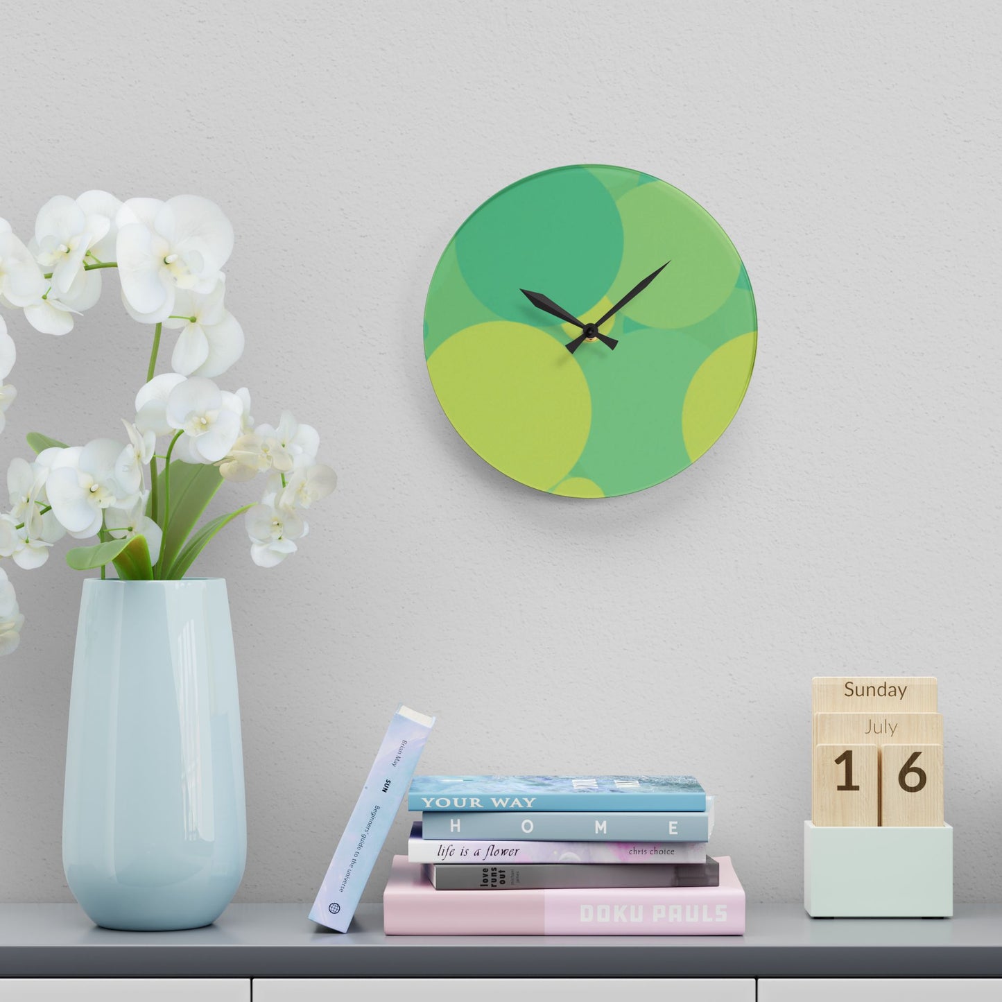 Pastel Green Patches Acrylic Wall Clock, Round or Square, 10.75" x 10.75"