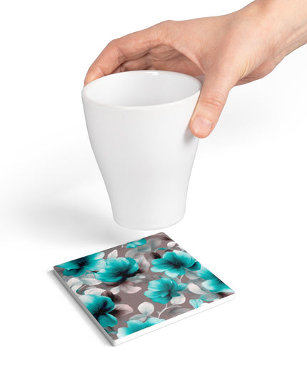 Tif Green Gray Floral Bunch Square Ceramic Coaster, 4" x 4"