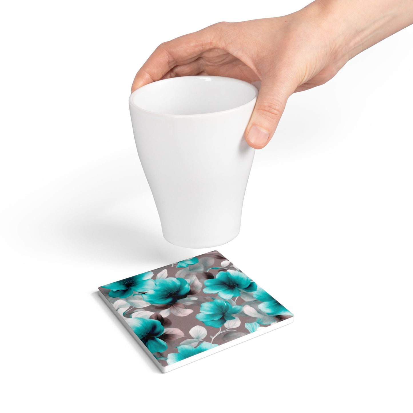 Tif Green Gray Floral Bunch Square Ceramic Coaster, 4" x 4"