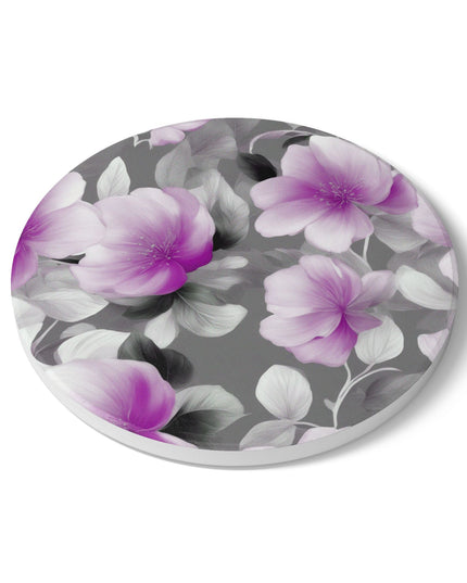 Purple Blossom Floral Bunch Round Ceramic Coaster, 4" x 4"