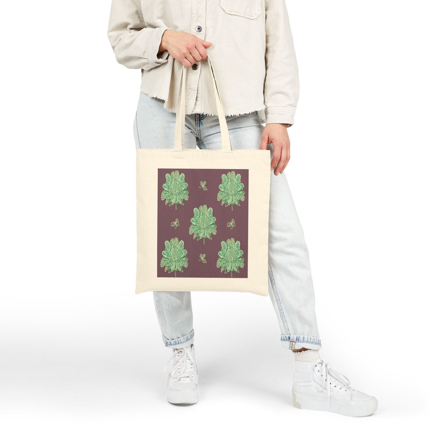 Mint Green Floral Butterflies Cotton Canvas Tote Bag