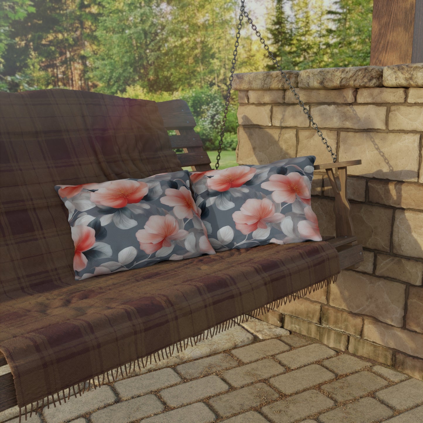 Red Blossom Floral Bunch Outdoor Pillow, 20" x 14"