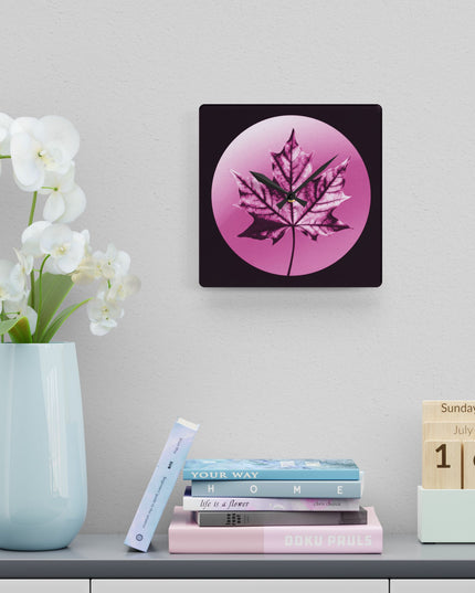 Magenta Maple Leaf Acrylic Wall Clock, Round or Square, 10.75" x 10.75"
