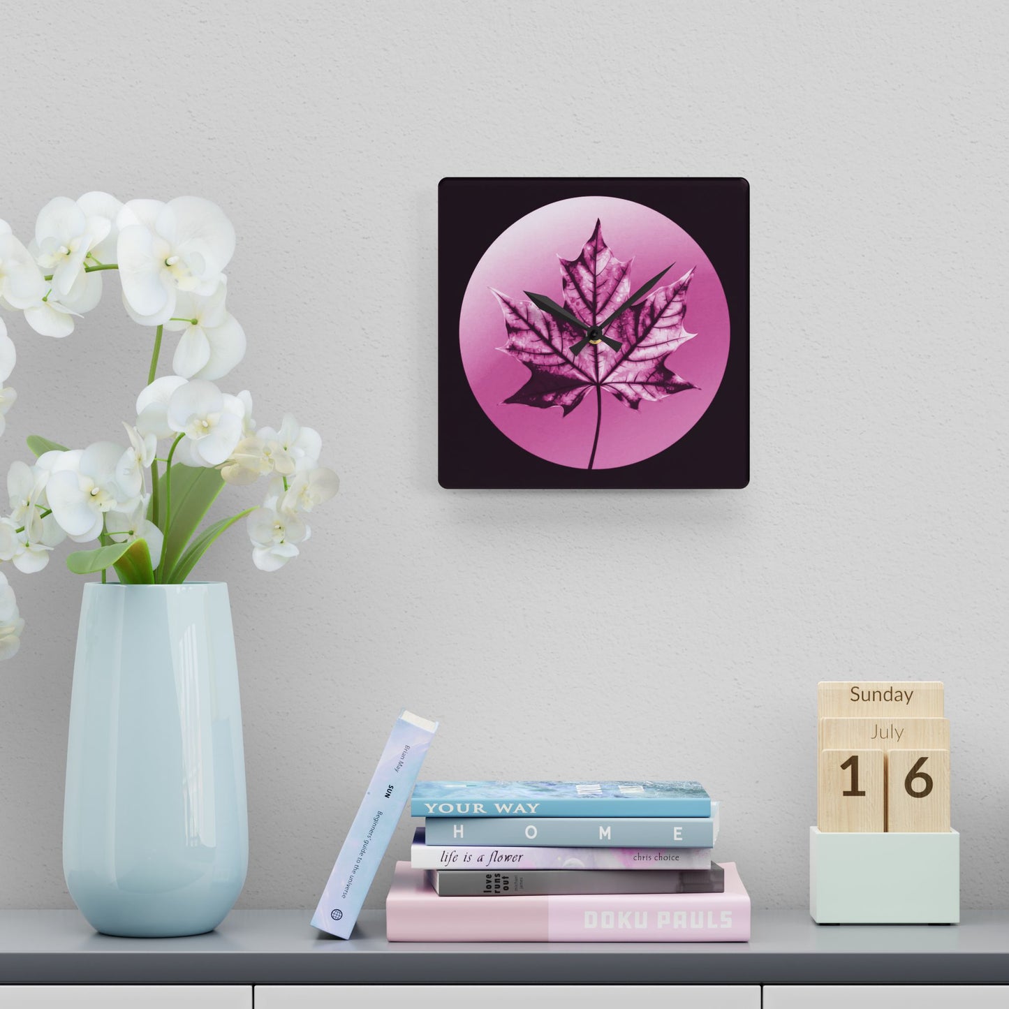 Magenta Maple Leaf Acrylic Wall Clock, Round or Square, 10.75" x 10.75"