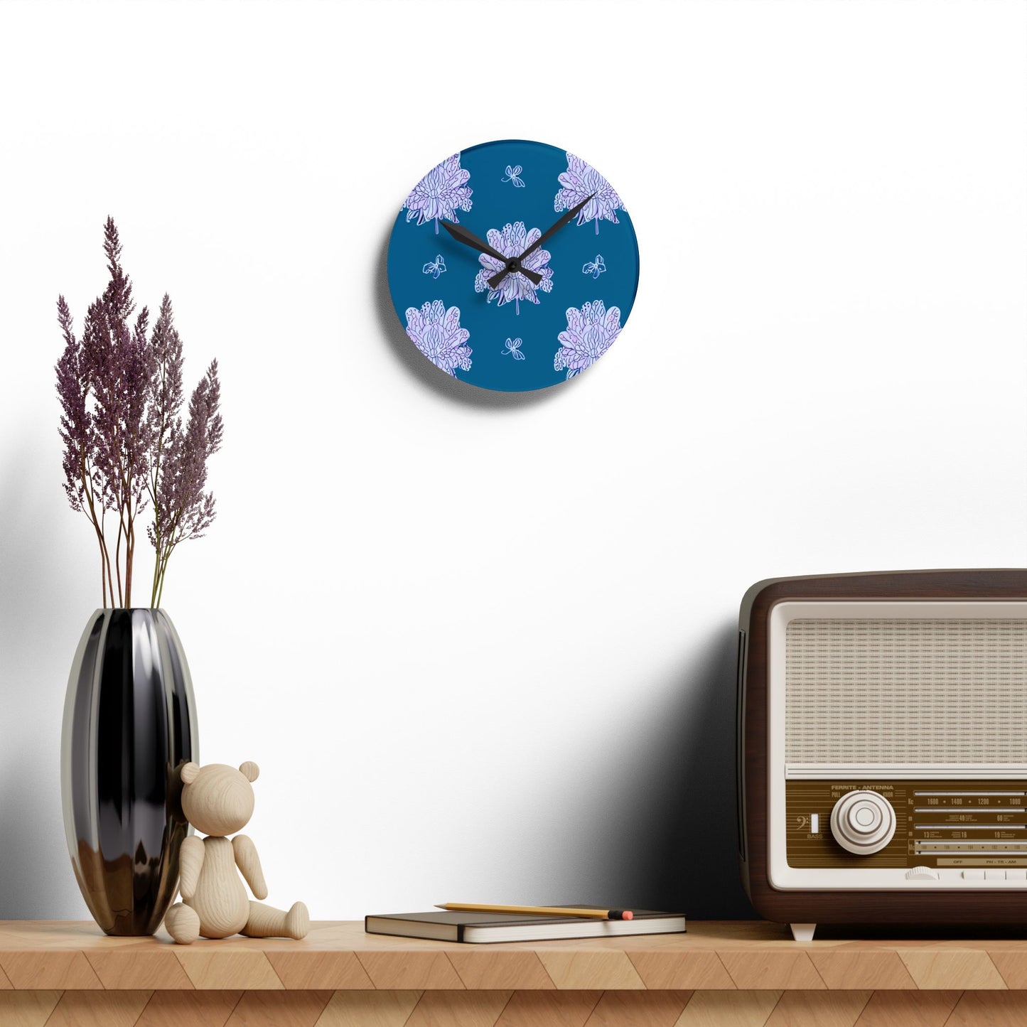Lavender Floral Butterflies Acrylic Round Wall Clock, 8" x 8"
