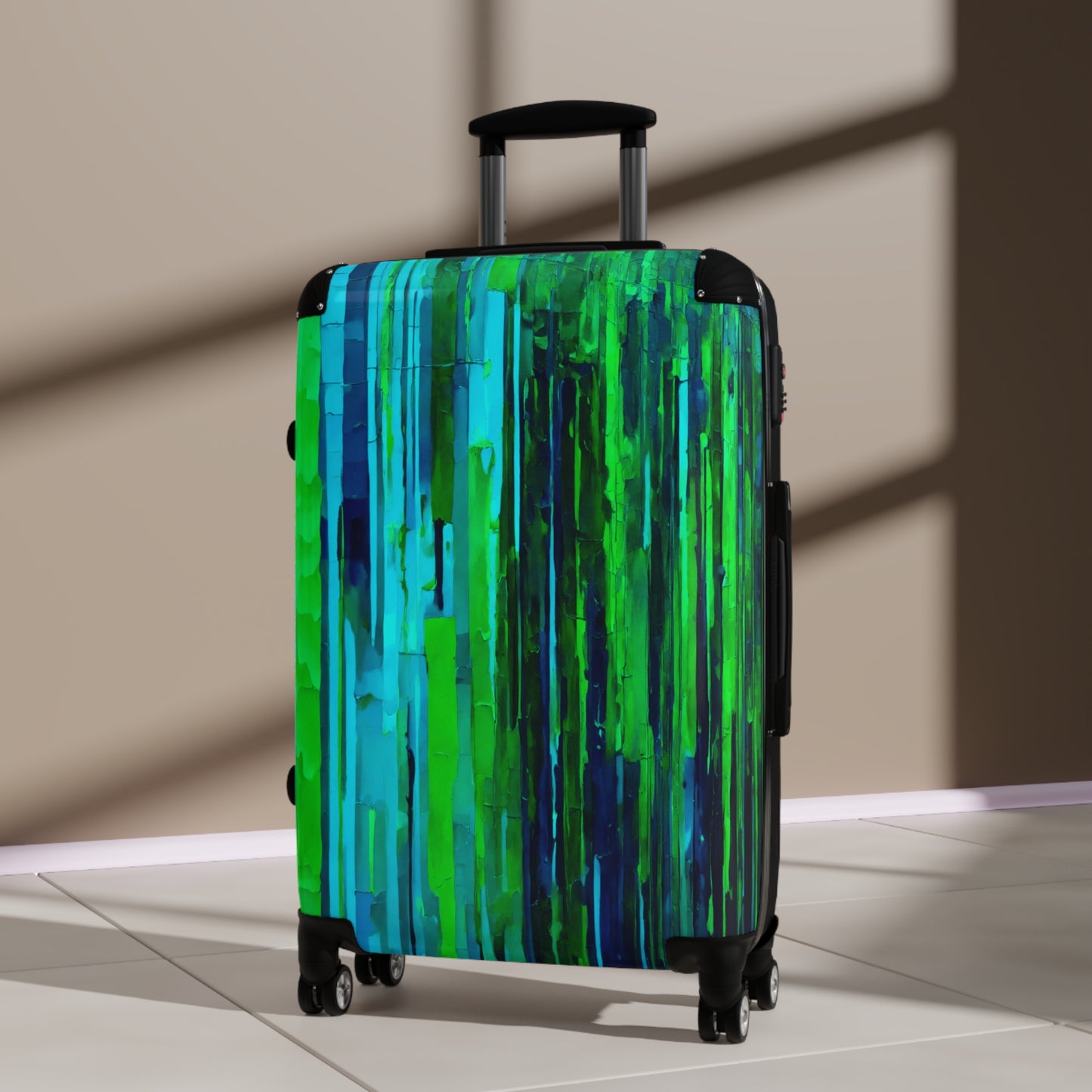 Striped Blue Green Medium Suitcase with built in lock, 4 double-wheels, telescopic handle, and ABS back hard-shell