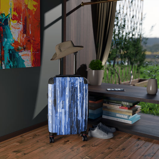 Striped Deep Blue Small Suitcase with built in lock, 4 double-wheels, telescopic handle, and ABS back hard-shell