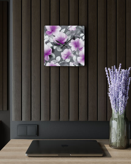 Purple Blossom Floral Bunch Acrylic Wall Clock, Round or Square, 10.75" x 10.75"