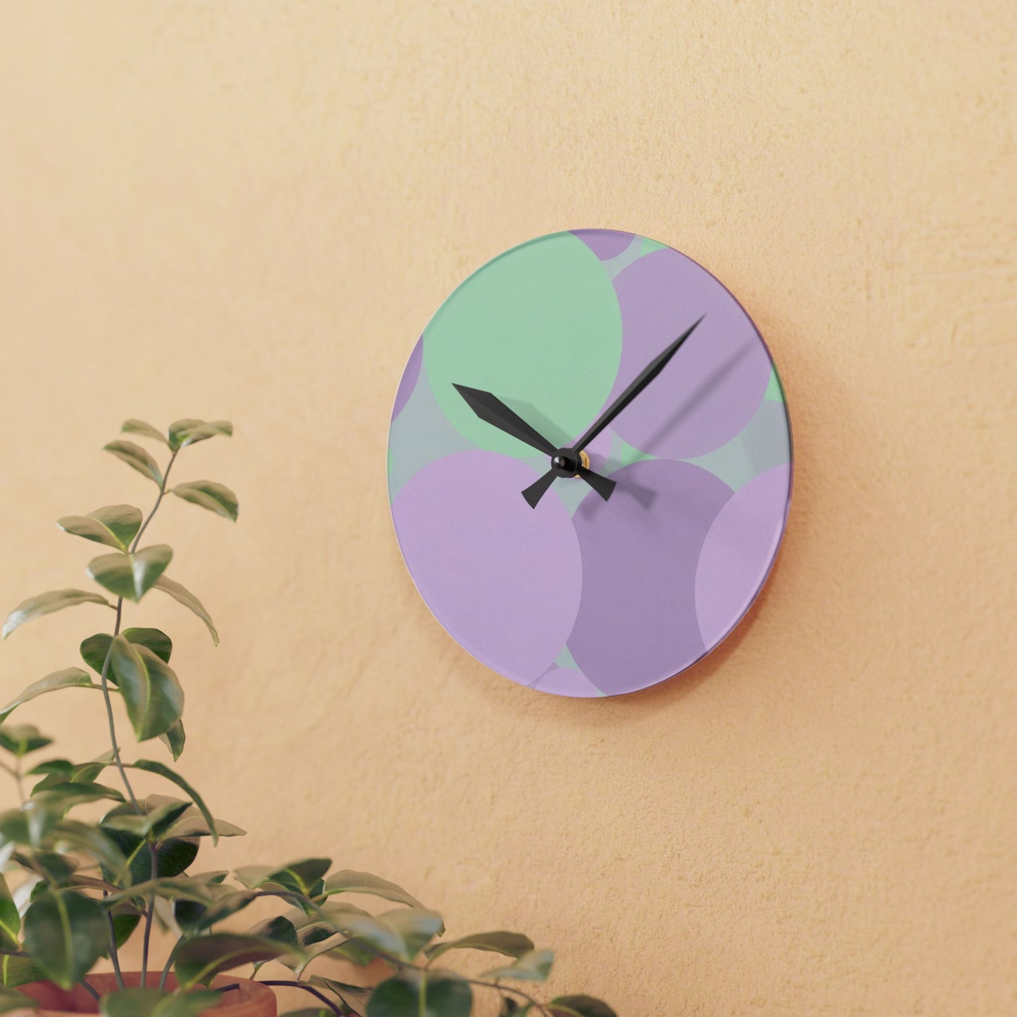 Pastel Lavender Purple and Soft Green Patches Acrylic Round Wall Clock, 8" x 8"
