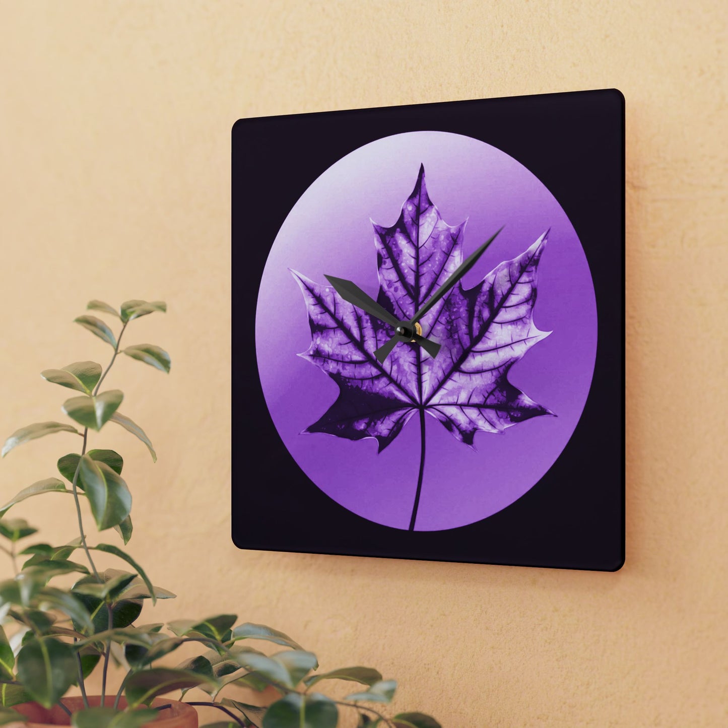 Purple Maple Leaf Acrylic Wall Clock, Round or Square, 10.75" x 10.75"