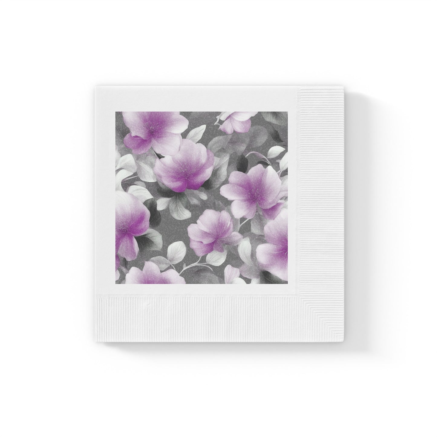 Purple Blossom Floral Bunch White Coined Napkins, 6.5" x 6.5"