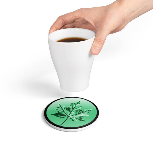 Mint Green Maple Leaf 4" x 4" Round Ceramic Coaster