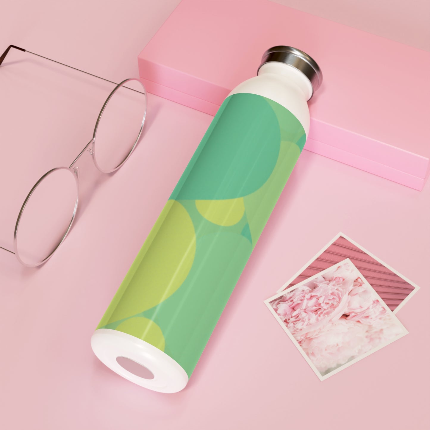 Pastel Green Patches Slim Water Bottle, 20 oz White