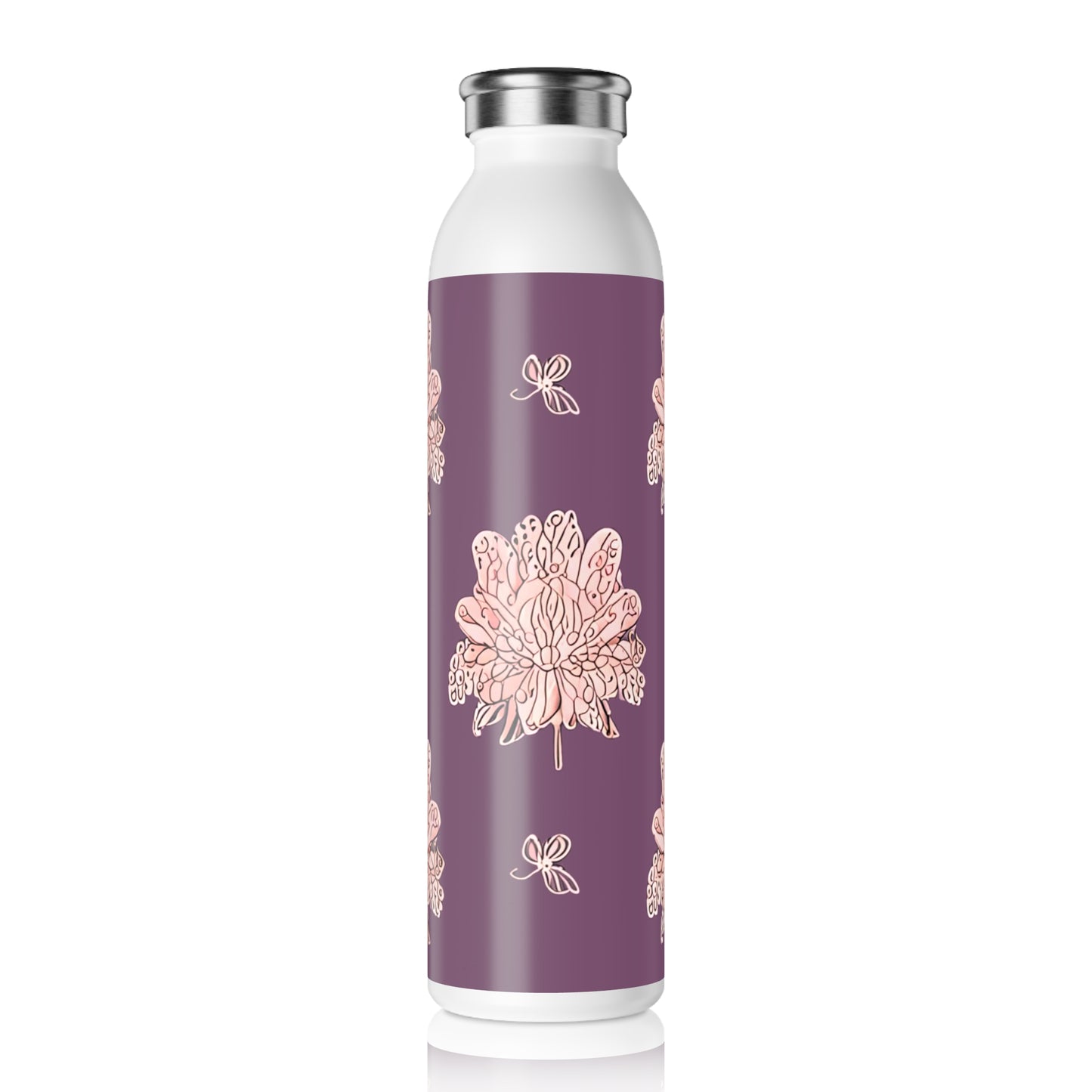 Pink Floral Butterflies Slim Water Bottle, 20 oz White