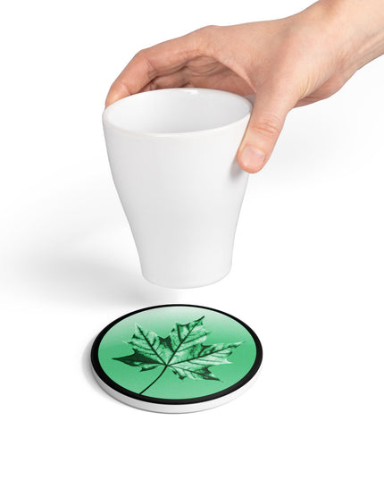 Mint Green Maple Leaf 4" x 4" Round Ceramic Coaster