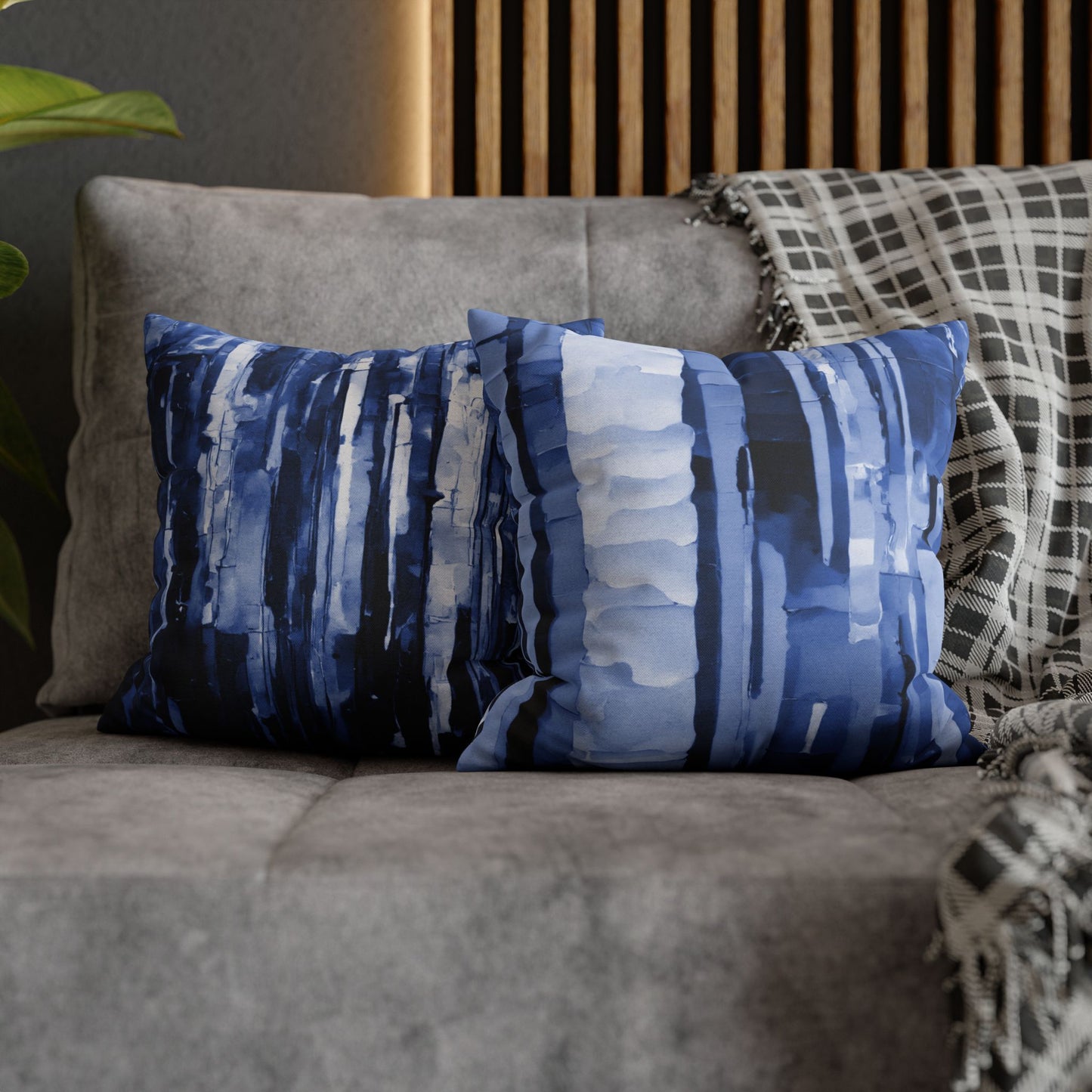 Striped Deep Blue Spun Polyester Square Pillowcase, 14" x 14"