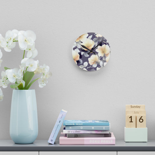White Blush Floral Bunch Acrylic Round Wall Clock, 8" x 8"