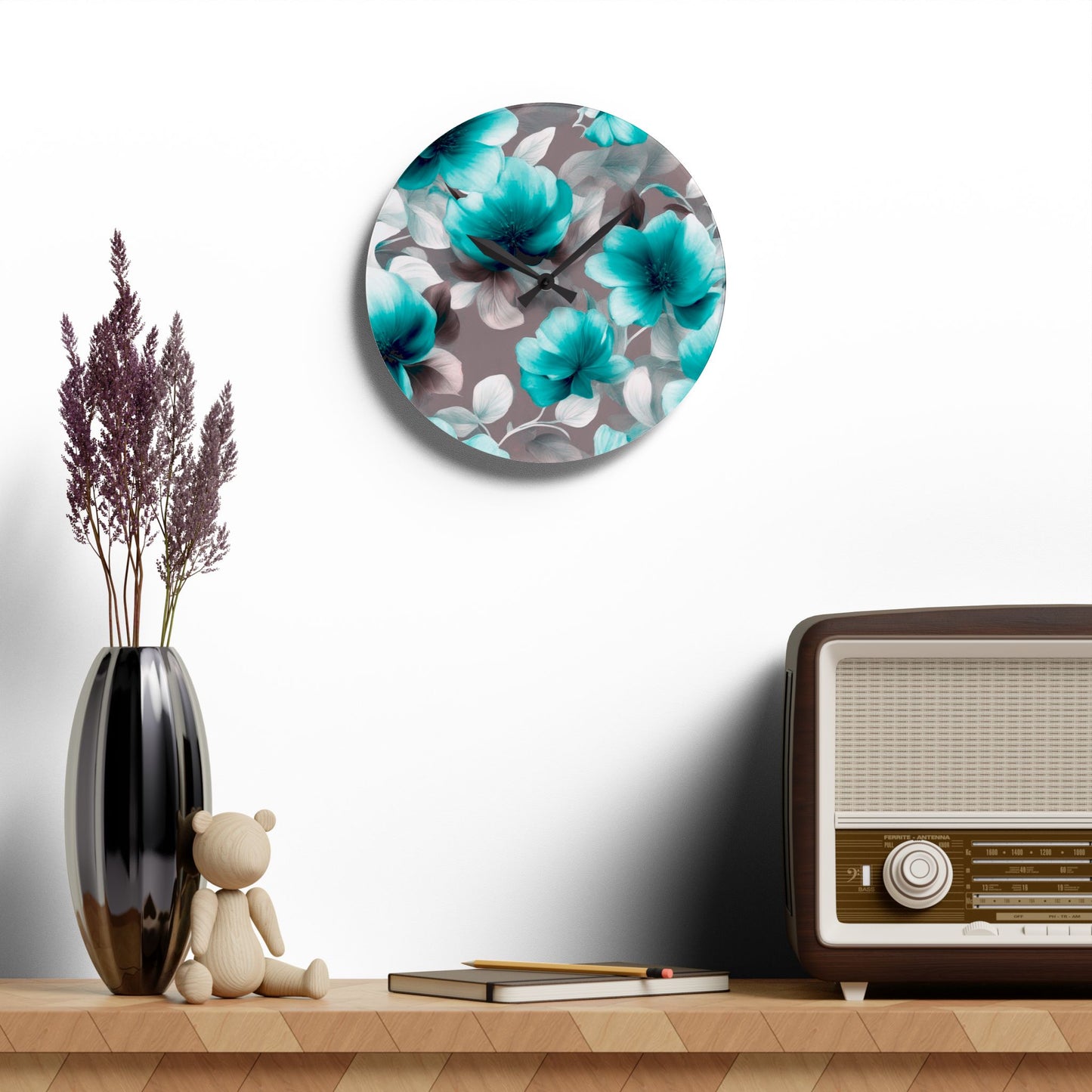 Tif Green Gray Floral Bunch Acrylic Wall Clock, Round or Square, 10.75" x 10.75"