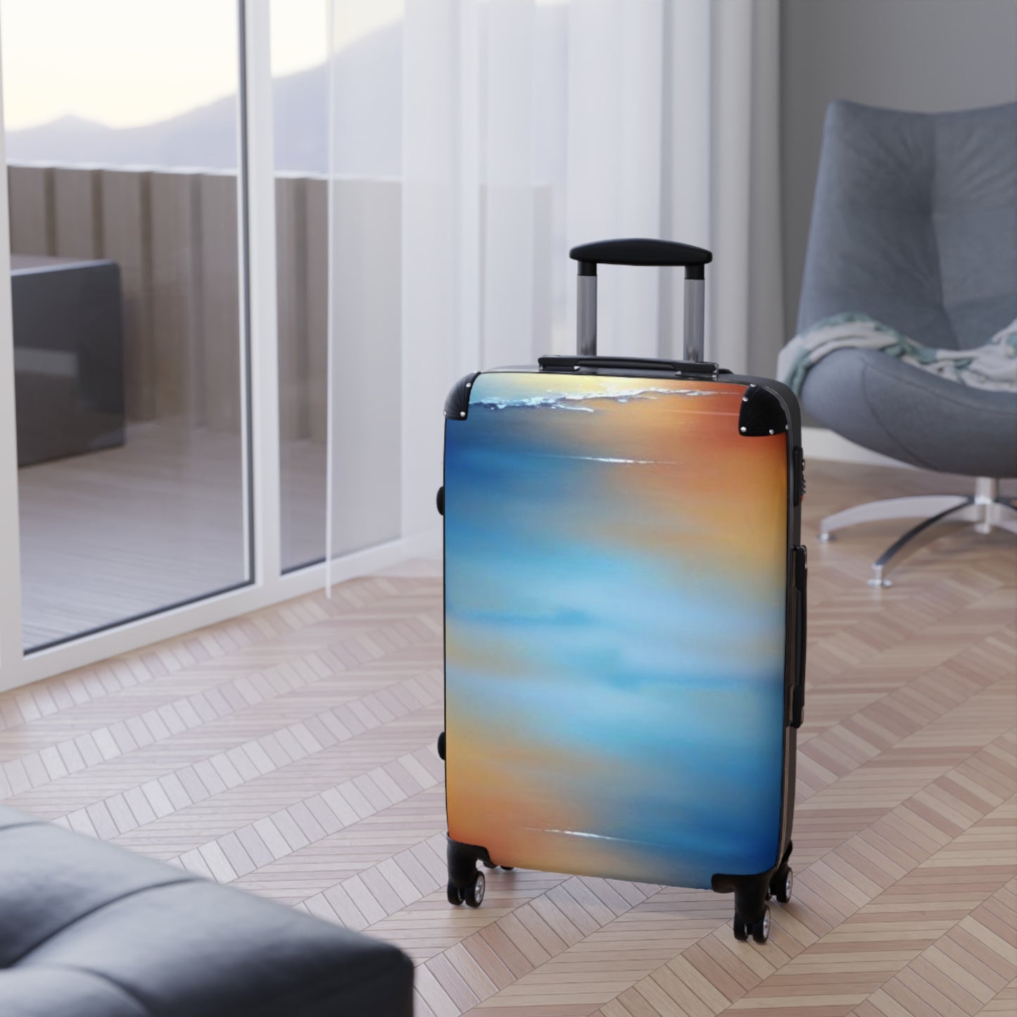 Blue Sea Red Orange Fog Medium Suitcase with built in lock, 4 double-wheels, telescopic handle, and ABS back hard-shell