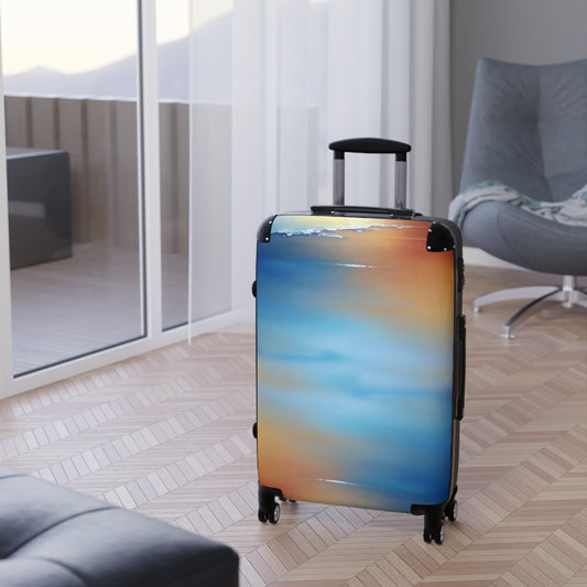 Blue Sea Red Orange Fog Medium Suitcase with built in lock, 4 double-wheels, telescopic handle, and ABS back hard-shell