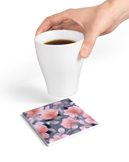 Peach and Blue Gray Floral Bunch Square Ceramic Coaster, 4" x 4"