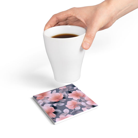 Peach and Blue Gray Floral Bunch Square Ceramic Coaster, 4" x 4"