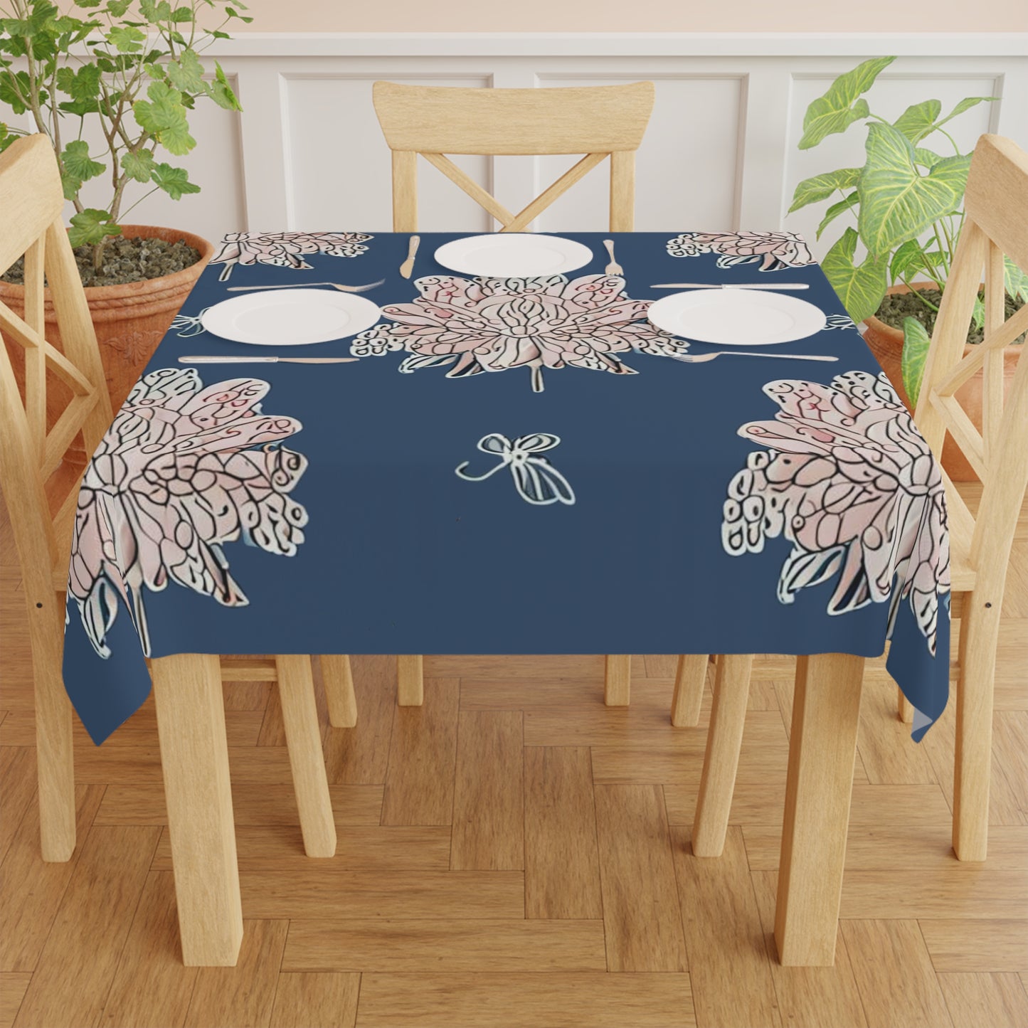Rose White Floral Butterflies Tablecloth, 55" x 55"