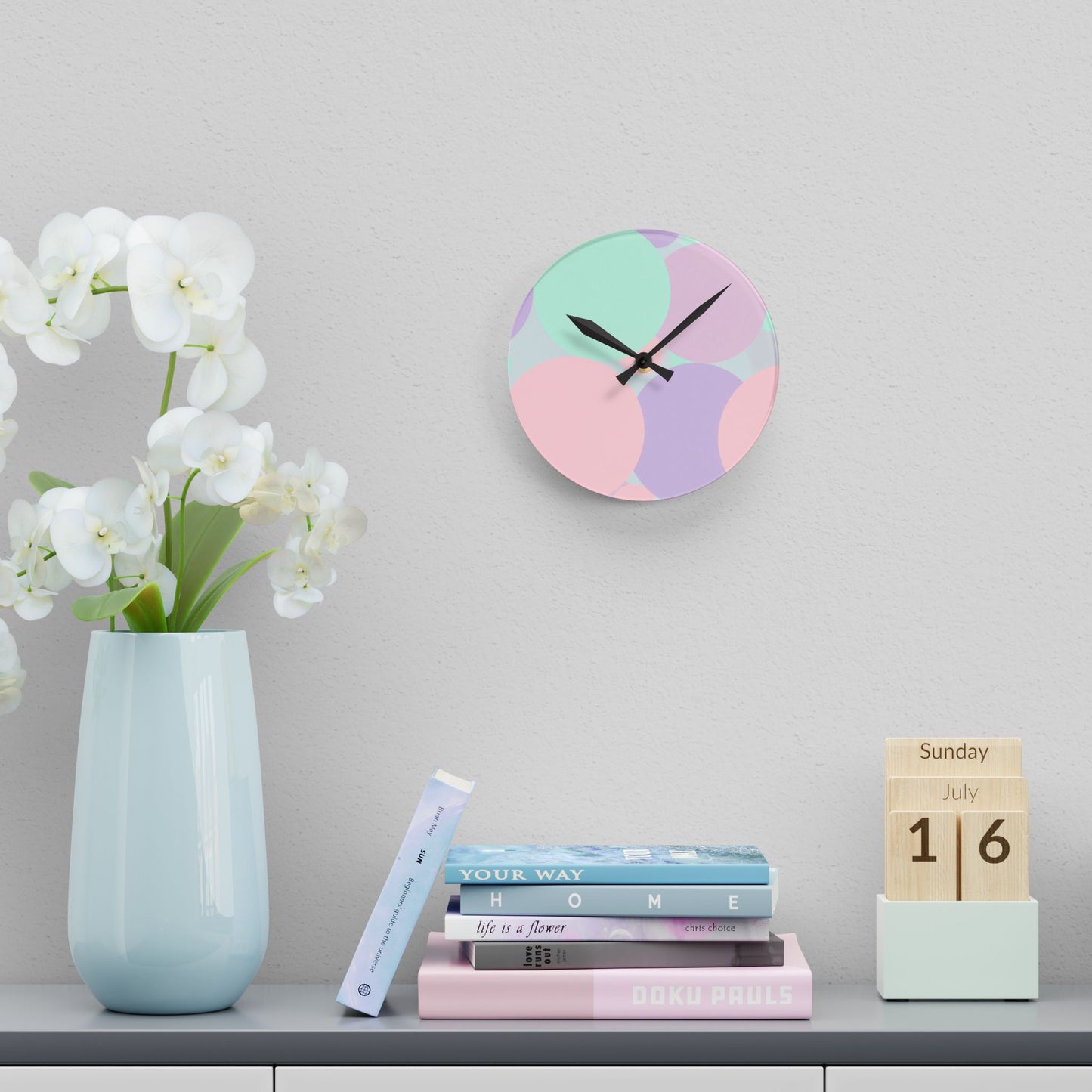 Pastel Peach and Soft Green Patches Acrylic Round Wall Clock, 8" x 8"