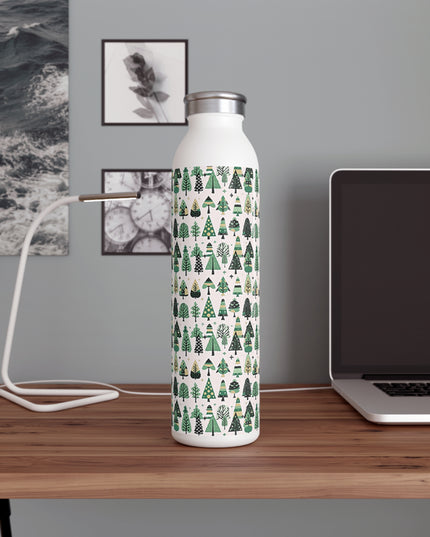 Mini Vintage Green Trees Slim Water Bottle, 20 oz White