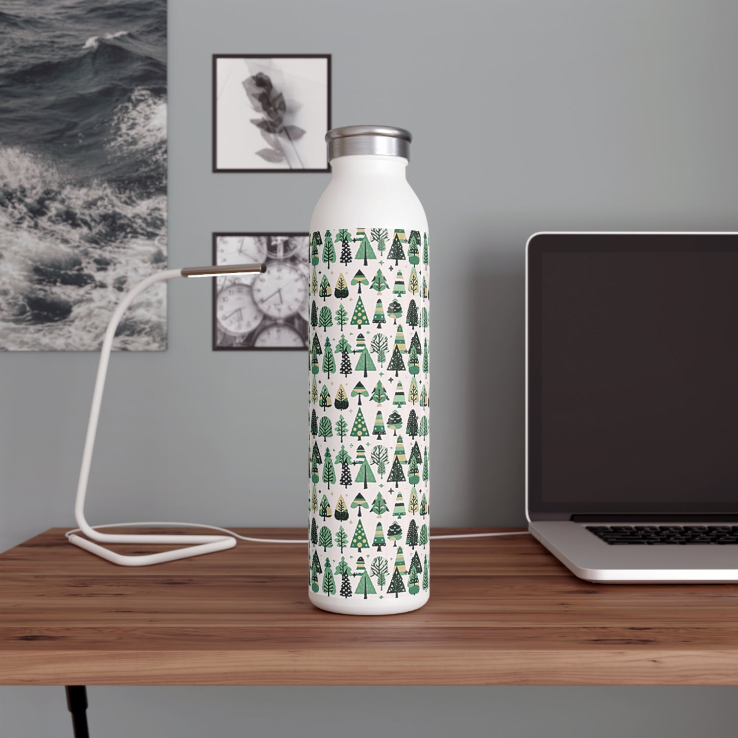 Mini Vintage Green Trees Fade Slim Water Bottle, 20 oz White