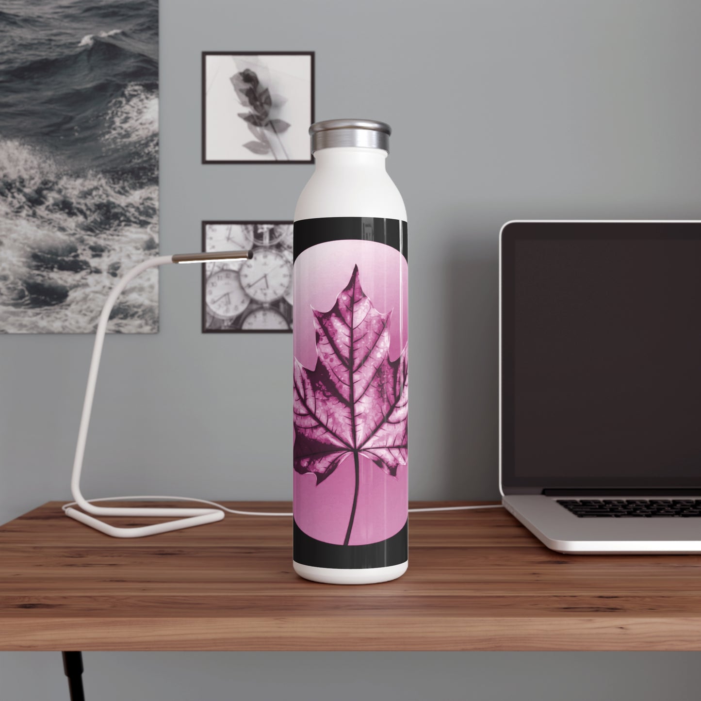 Magenta Maple Leaf Slim Water Bottle, 20 oz White