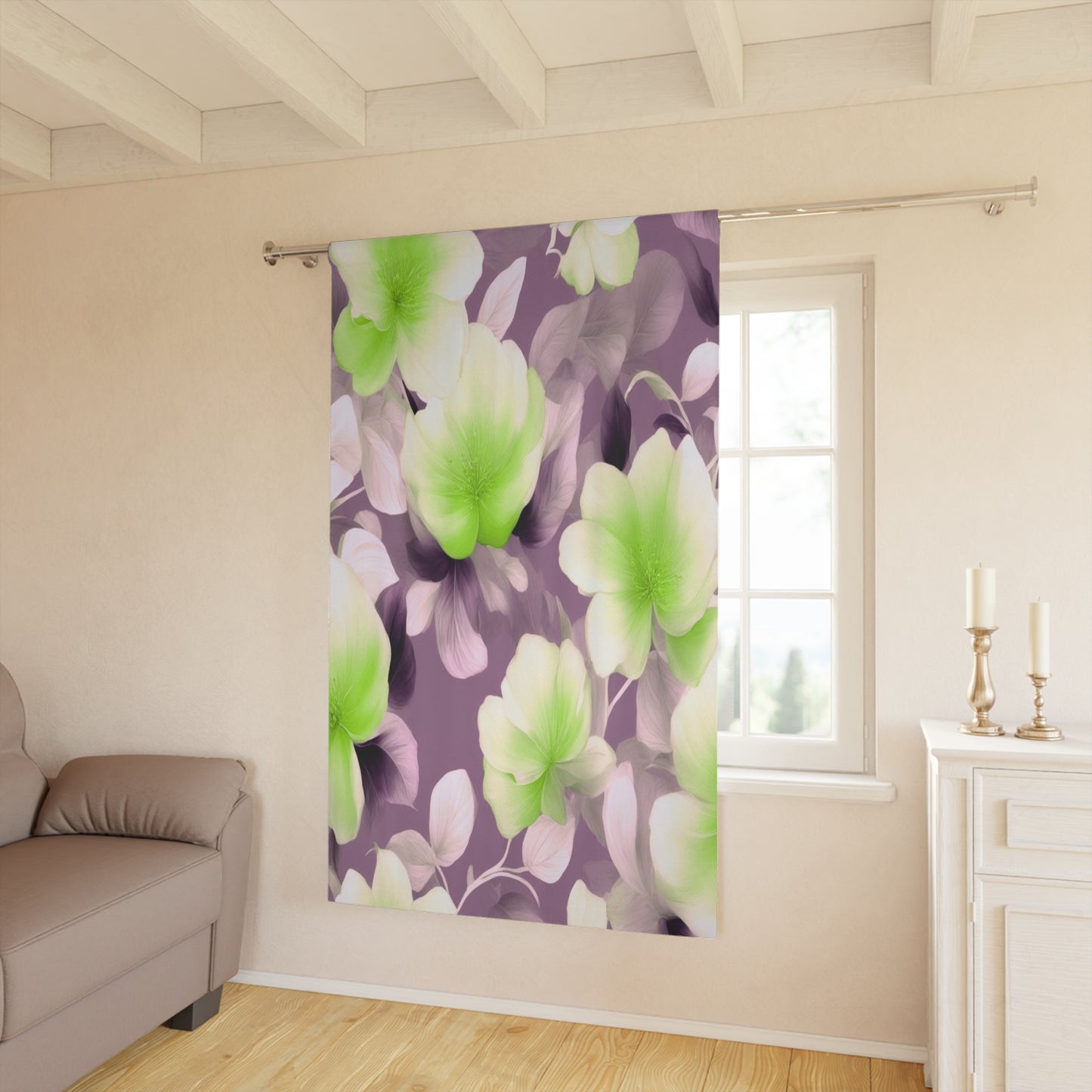 Lime Lavender Floral Bunch Window Curtain, 50" x  84", blackout