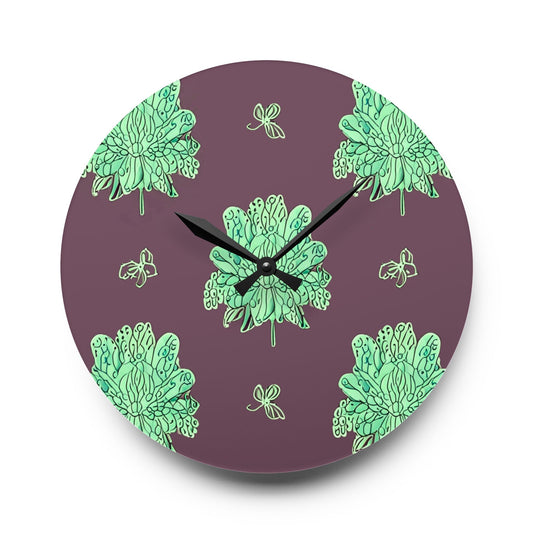 Mint Green Floral Butterflies Acrylic Wall Clock, Round or Square, 10.75" x 10.75"