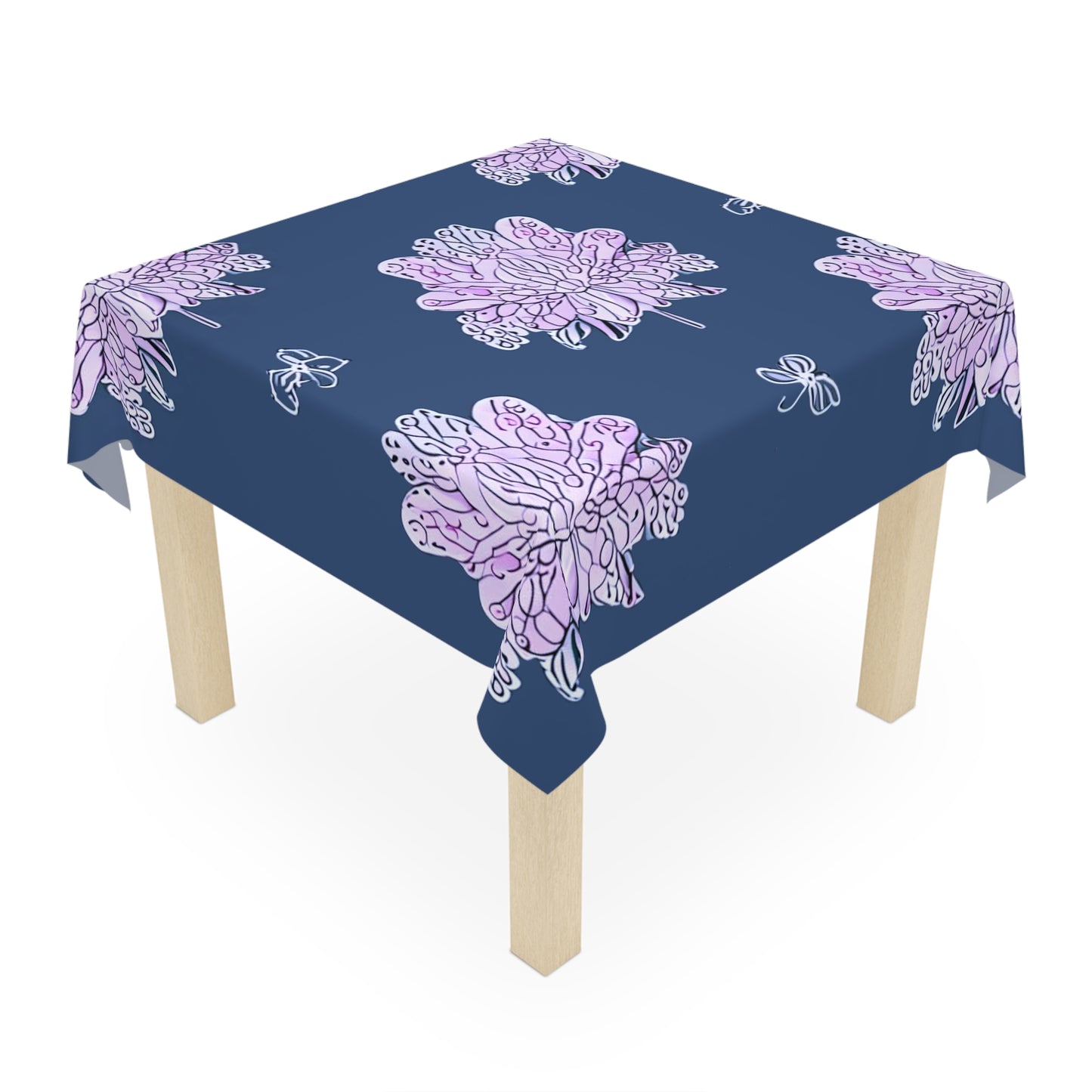 Purple White Floral Butterflies Tablecloth, 55" x 55"