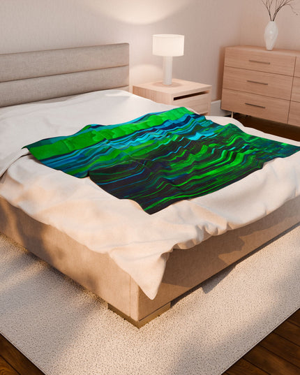 Striped Blue Green Velveteen Plush Blanket, 50" x 60"