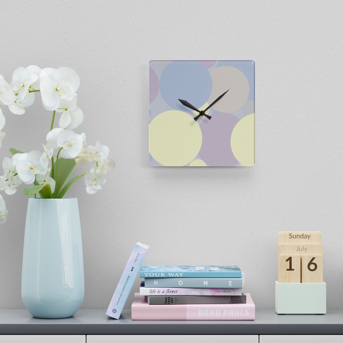 Pastel Soft Blue and Soft White Patches Acrylic Wall Clock, Round or Square, 10.75" x 10.75"