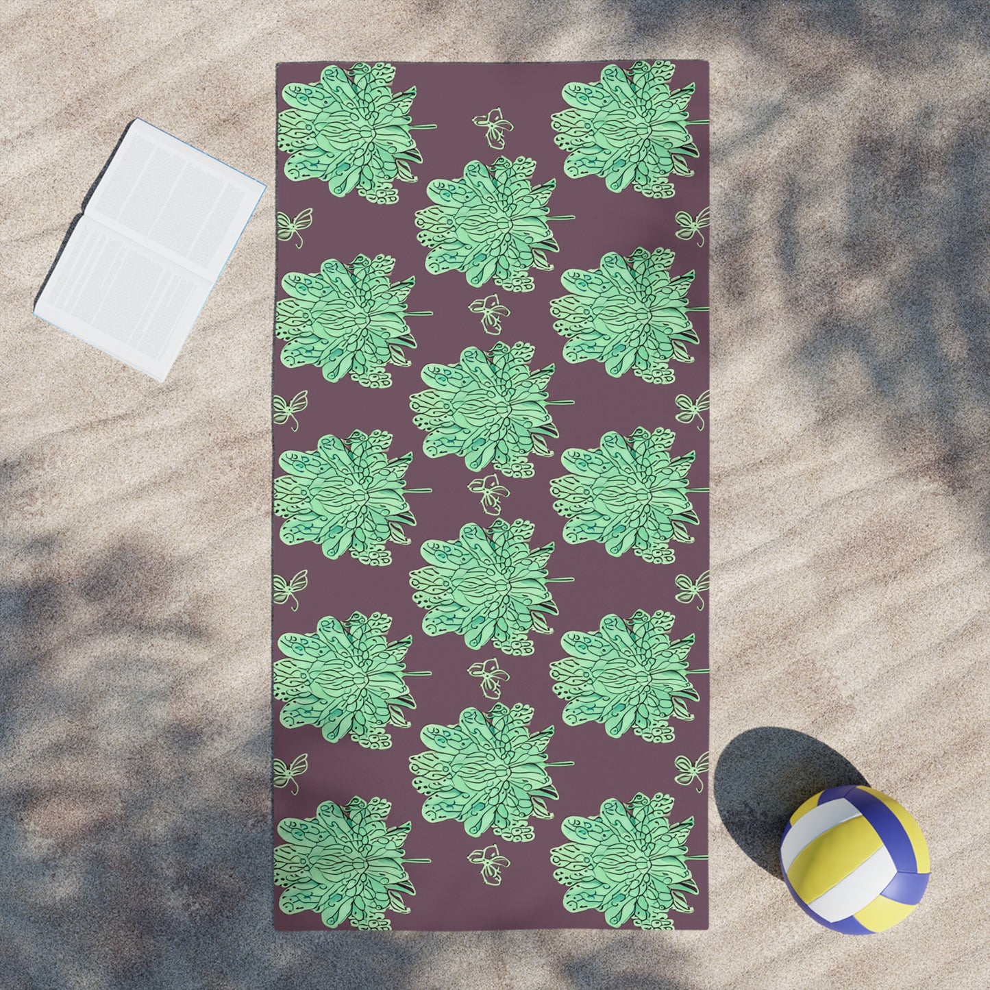 Mint Green Floral Butterflies Beach Towel, 30" x 60"